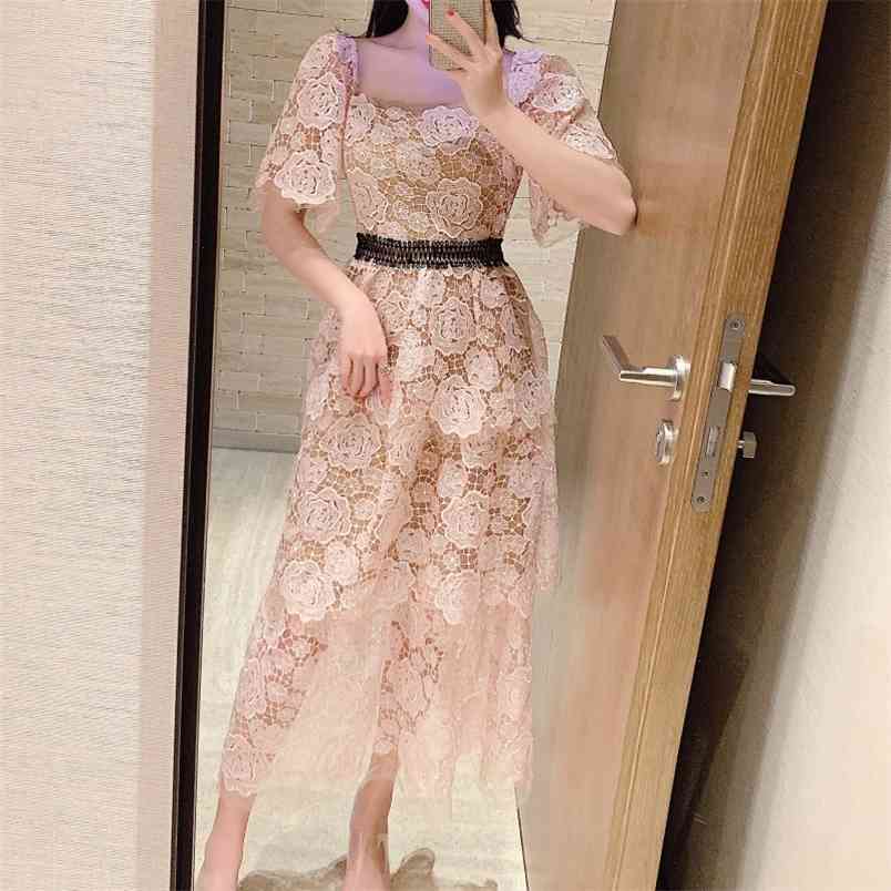 

Summer Elegant Square Collar Hook Flowers Women Sweet Dress Vintage Fashion High Waist Slim Female Long Dresses 210519, Picture color