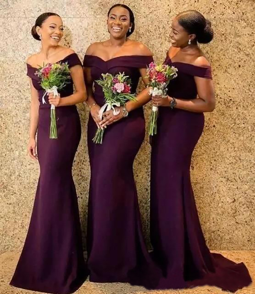 

2021 Regency African Off The Shoulder Satin Long Bridesmaid Dresses Ruched Sweep Train Wedding Guest Maid Of Honor Dresses Gowns