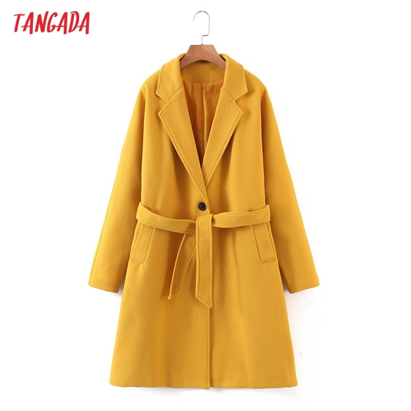 

Tangada Women Winter Yellow Thick Woolen Coats with Slash Loose Long Sleeves Pocket Ladies Elegant OverCoat 2Z17 211018