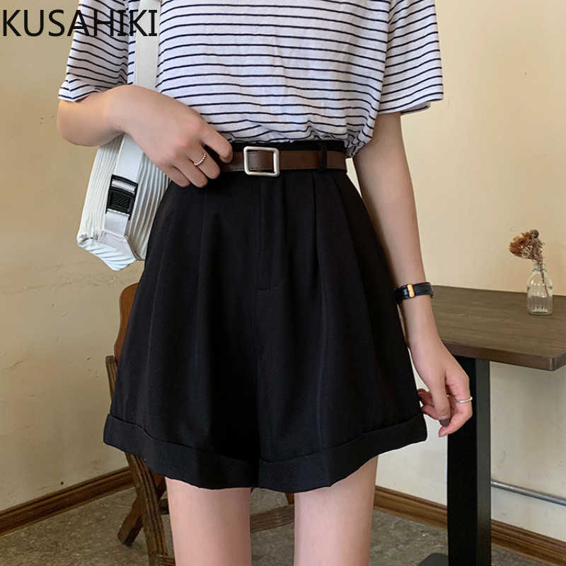 

KUSAHIKI Causal Women Wide Leg Shorts Korean Solid High Waist Bottoms Leisure Short Pantalones Cortos De Mujer 6E269 210602, Black