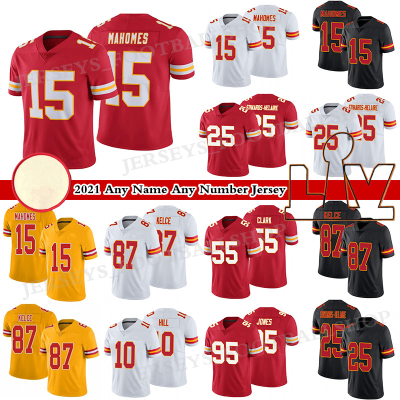

15 Patrick Mahomes 25 Clyde Edwards-Helaire Football Jersey Travis Kelce KansasÂCityÂChiefsÂTyreek Hill 2021 Any Name Any Number Jerseys, Black;red