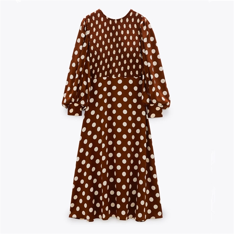 

Autumn Red Polka Dot Print Midi Dress Women Vintage Long Sleeve Elastic Ruched es Woman Flared Hem Elegant 210519