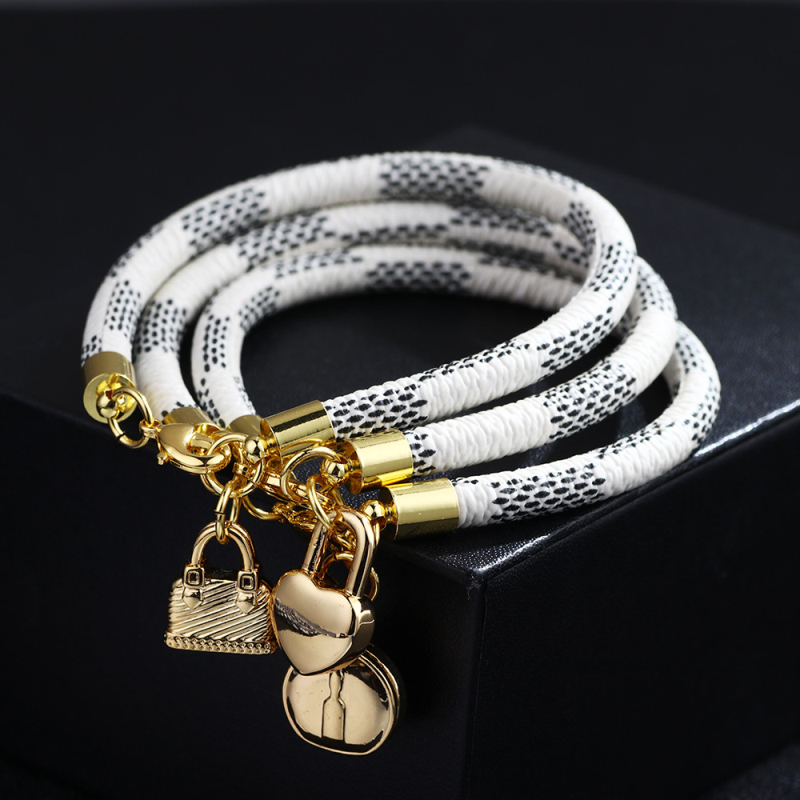 

Luxury Brand Black Brown White Leather Gold Round Bag Charm Bracelet for Women Gift