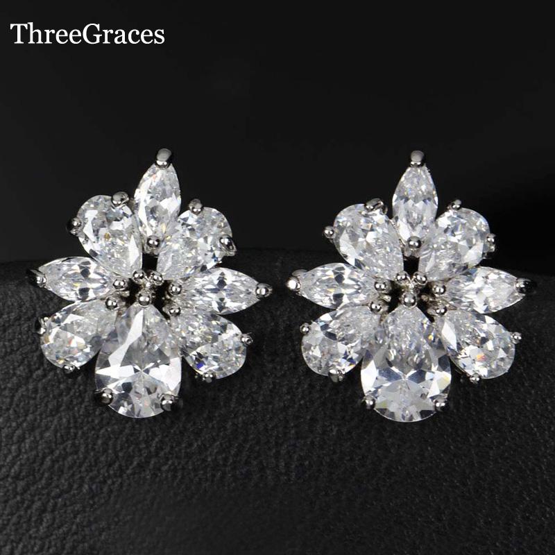 

Stud ThreeGraces 3 Color Options Trendy Red Blue White CZ Zircon Crystal Stone Cute Flower Earrings For Women Jewelry Gift ER218, Golden;silver