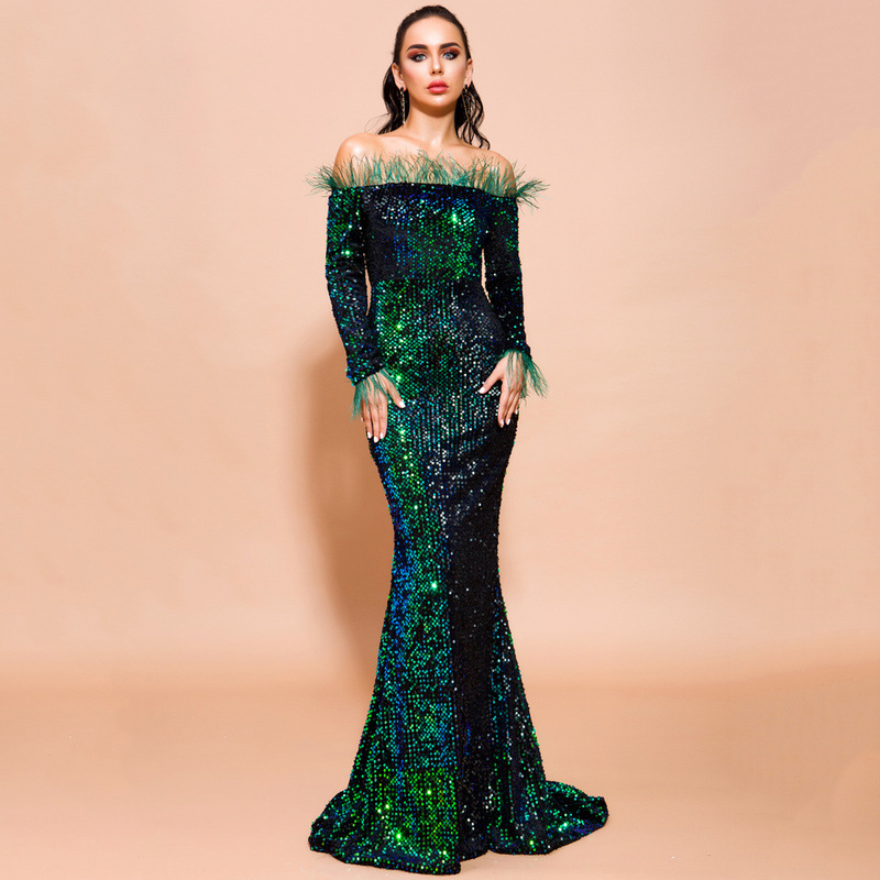 

Luxury Black/White/Green Mermaid Sequin Evening Dress 2022 Off the Shoulder Sleeves Celebrity Gown Feathers Long Prom Formal Wear robe de soiree