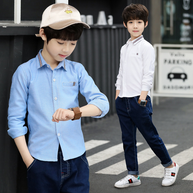 

Spring new boys' long sleeve shirt Chinese University Children's Korean leisure foreign style Ribbon Shirt Children's long sleeve T-shirt, Blue