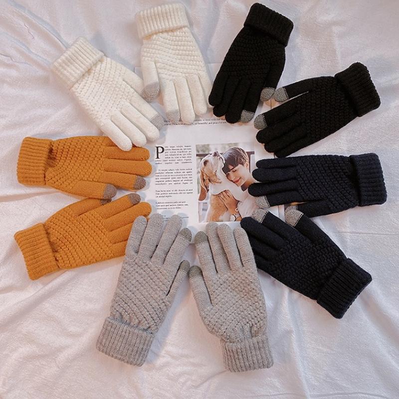

Five Fingers Gloves Female Winter Warm Knitted Full Finger Men Solid Woolen Touch Screen Mittens Women Thick Cycling Driving, Blue;gray