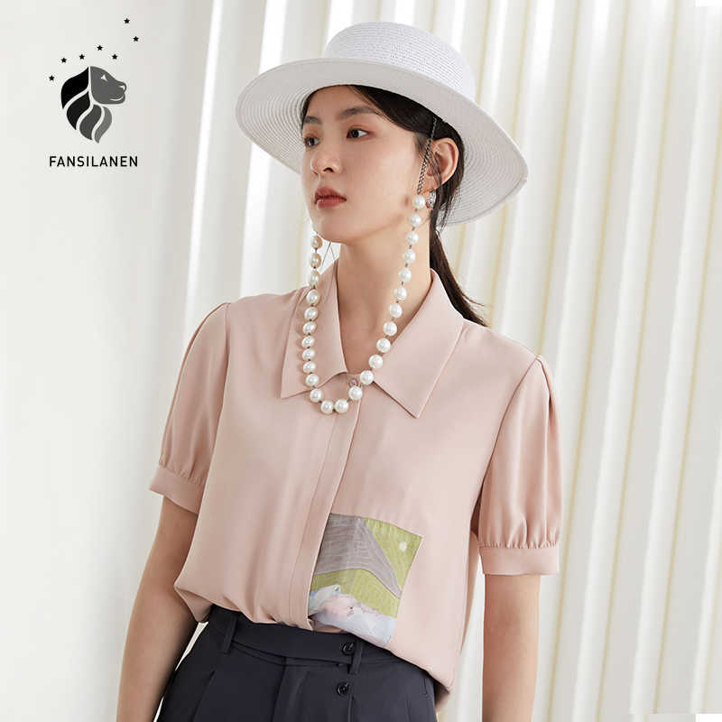 

FANSILANEN Office Lady French Print Shirt Women Summer Short-sleeved Loose Retro Oil Painting Casual POLO Collar 210607, Pink