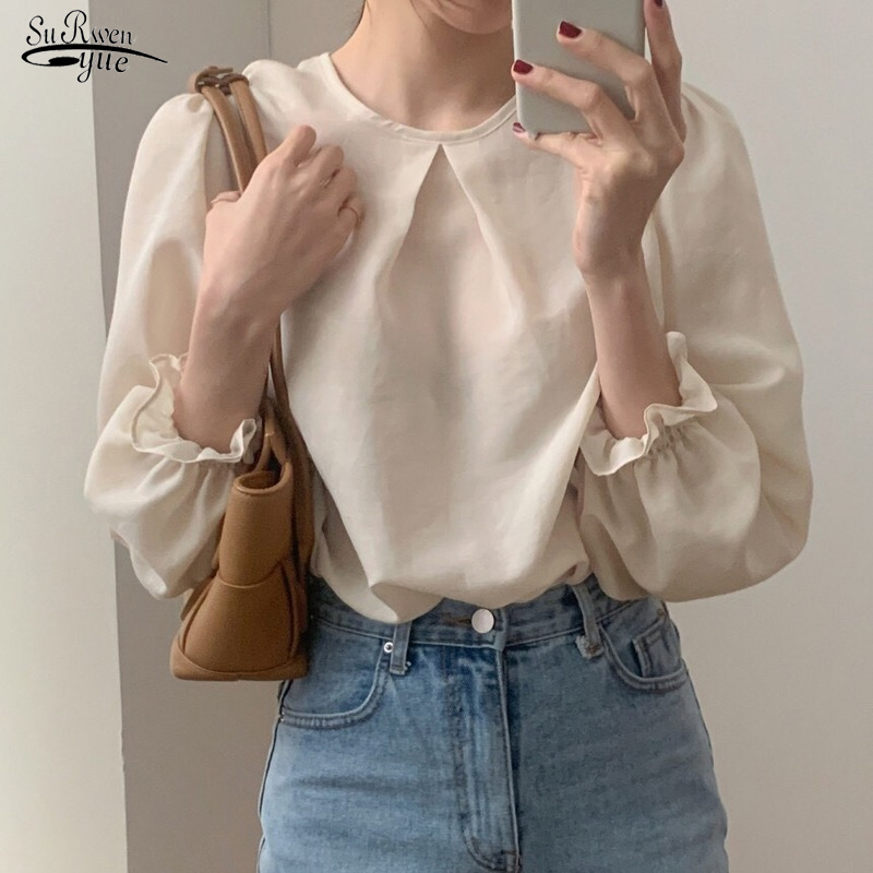 

Chic Spring Long Sleeve O- Neck Collar Elegant Chiffon Blouse Women Solid Color Loose Slim Lady's Shirt Blusas Mujer 13333 210521, Picture