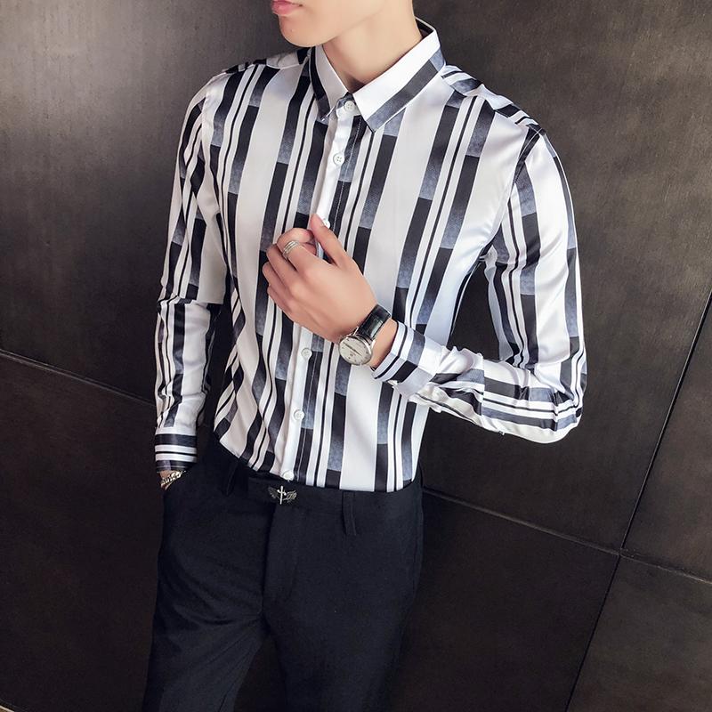 

Men's Casual Shirts Spring Autumn Long-sleeved Shirt High-quality British Style Slim Striped Fashion Dress Nightclub, Black