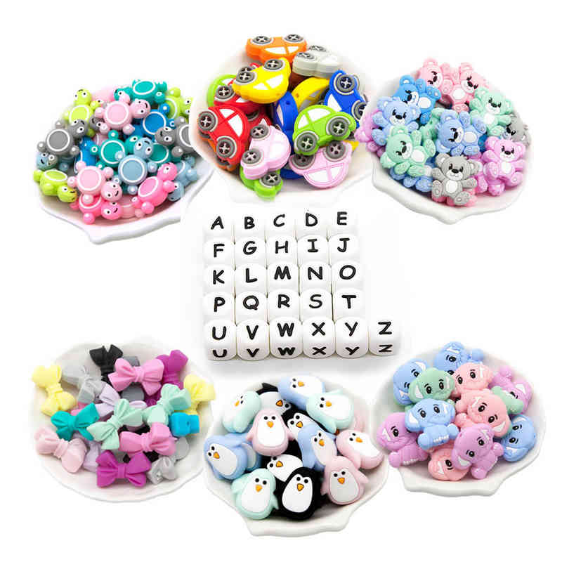 

10pc Silicone Bead Baby Teether Chew Bpa Free English Letter Tortoise Mouse Panda Diy Pacifier Chain Toy
