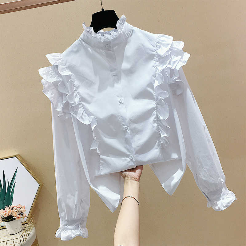 

Design Wood Ear Stand Loose Full Shirt Women' Spring Blouse 210615, White