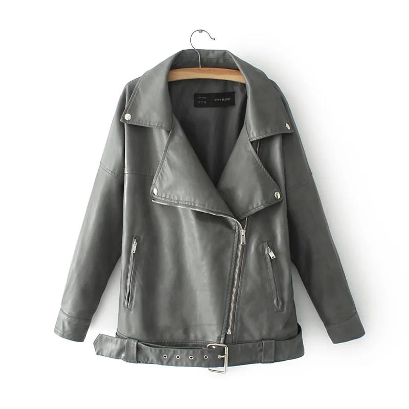 

Women' Leather & Faux Cool Women Gray Coats 2021 Autumn Fashion Pocket PU Jackets Moto Style Long Female Jacket Sashes Girls Coat