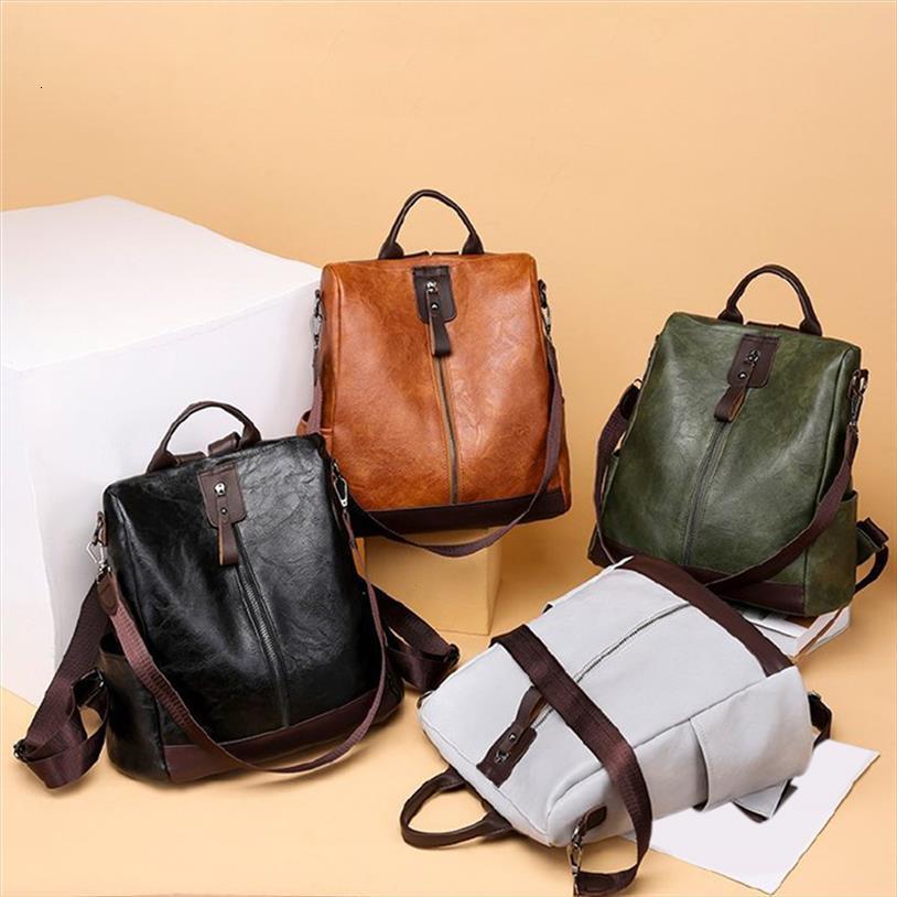 

3 in 1 retro backpack women leather school bags for teenage girls anti theft ladies shoulder simple travel