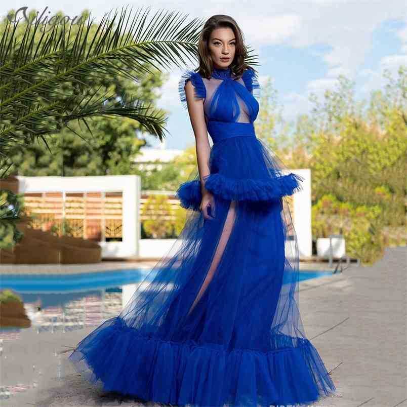 

Ladies High Quality Luxury Blue Layered Transparent Tulle Sexy Dress Ruffled Polar Celebrity Club Party 210525