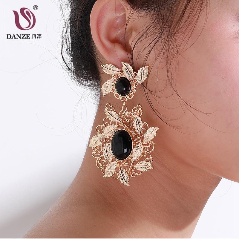 

Dangle & Chandelier DANZE Elegant Fashion Gold Color Hollow Leaf Big Flower Drop Earrings For Women Black Stone Metal Pandent Earring, Silver