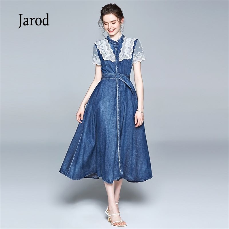 

Summer Dresses High Quality Casual Slim Lace Patchwork Denim Chic A-Line Sashes Waist Womens Dress Robe Femme 210519, Photo color