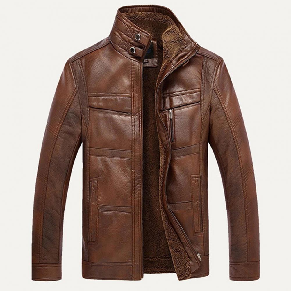 

Men Winter Long Sleeve Solid Color Stand Collar Faux Leather Fleece Lined Zip Warm Short Casual Jackets Keep Warm, Brown