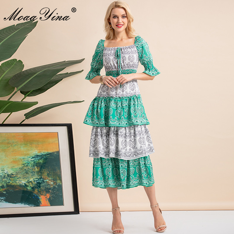 

Fashion Designer Summer Party Dress Women's Puff sleeve Ruffle Mixed colors Print Vintage Midi Vestidos 210524, Multi