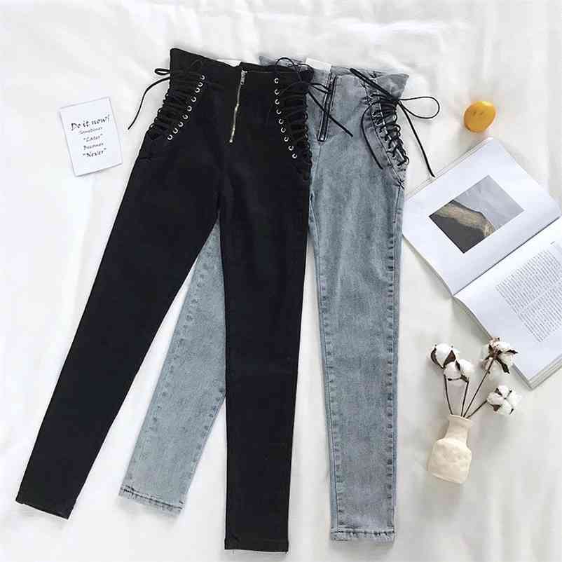 

Jeans Female Denim Pants Lace up on side Womens plus siz 5XL Stretch High waist Feminino Skinny For Women Trousers 210629, Black