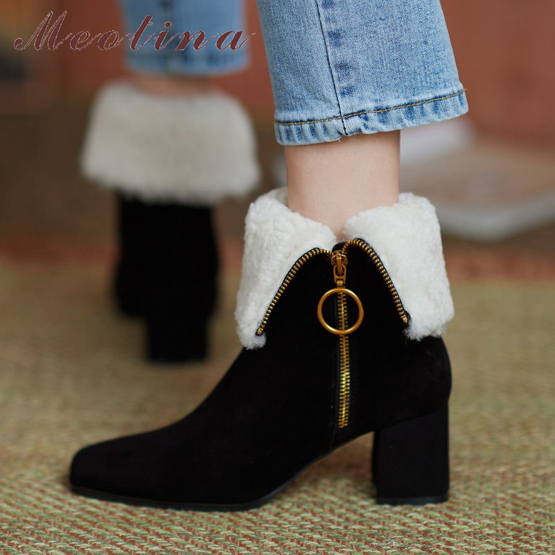 

Real Wool Fur Ankle Boots Genuine Leather High Heel Woman Zipper Thick Shoes Square Toe Short Female 40 210517, Black brown lining