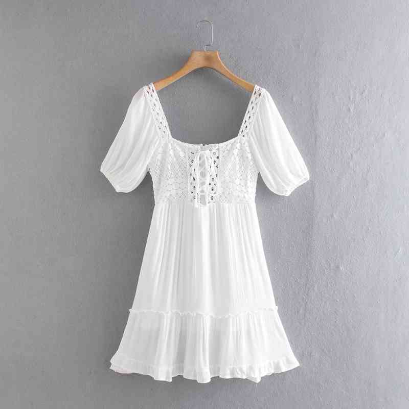 

Women Casual Preppy Style White Dress Hollow Out Lace Up Ruffles Cotton Short Sleeve Summer Stitch Party 210525