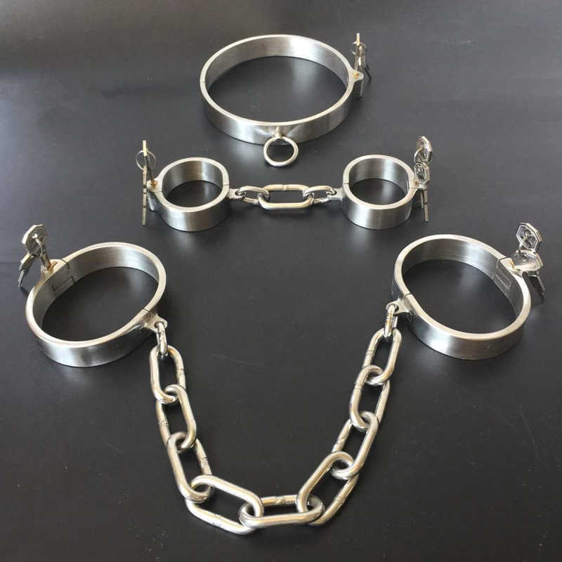 

Stainless Steel Lockable Neck Collar Handcuffs Ankle Cuffs Slave BDSM Bondage Shackles Leg Irons Restraints Sex Toy For Couples Y200616