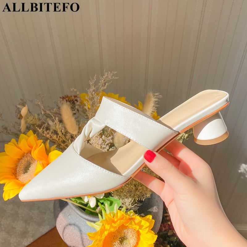 

ALLBITEFO size 34-43 pointed toe street fashion women slippers soft genuine leather cool summer flip flops beach sandals 210611, As picture