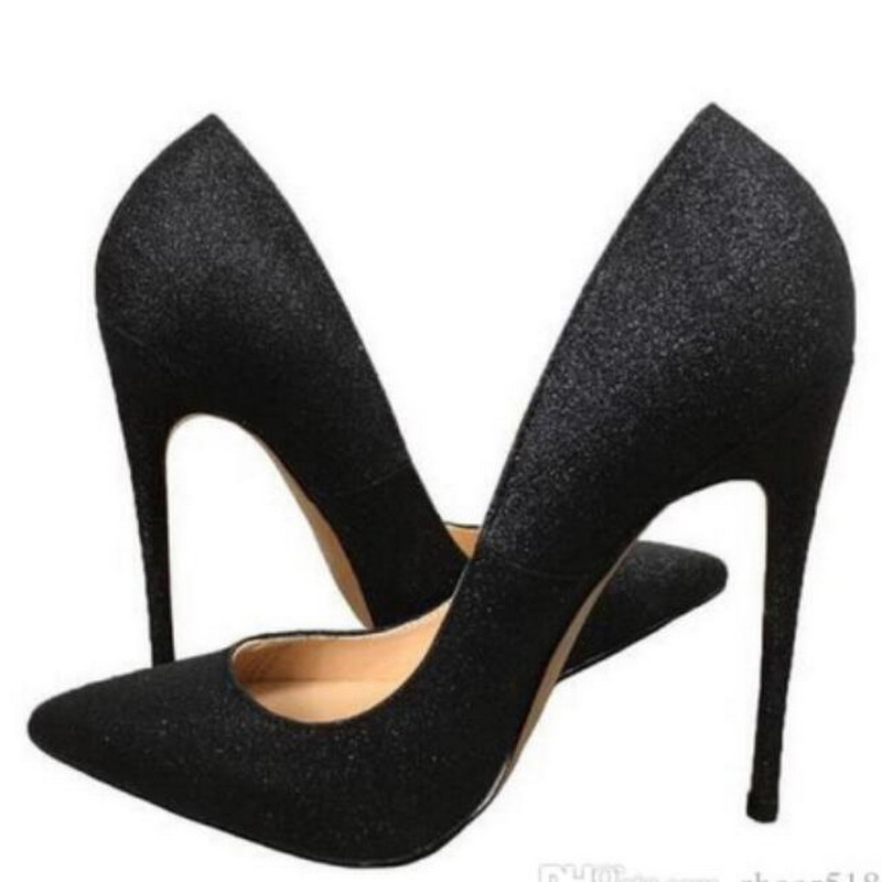 

New Women's Red Bottom Thin Heels Black Shoes Exclusive Patent PU Shoes Sequins Glitter High-heeled Pumps 12 cm 10cm 8cm Party Dress Shoes, 12cm heel