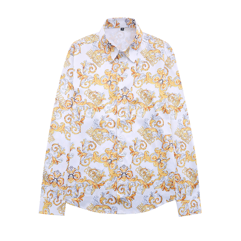 

New Luxury Gold Blue Casual Shirts Men Fashion Slim Fit Long Sleeve Red Chemise Homme Social PRINT SILK SHIRT Mens Club Prom Dress Shirt M-3XL