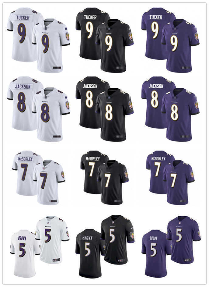 

Men Women Youth BaltimoreRavens8 Lamar Jackson 9 Justin Tucker 5 Marquise Brown 7 Trace McSorley Black Purple Football Jersey, Black;red