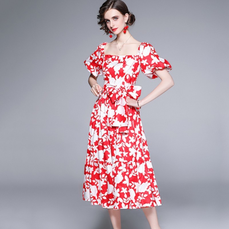 

Summer Red Floral Elegant Boho Midi Dresses Women Square Collar Puff Sleeve Vintage Belt Vacation Dresses 210518, Photo color