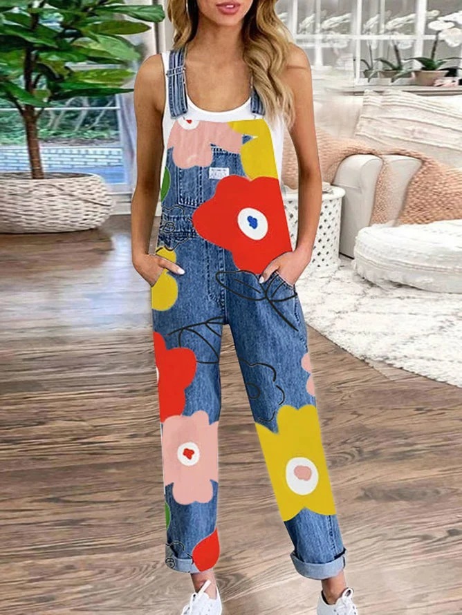 

Women' Jeans women' jeans fashion Siamese overalls printed loose denim trousers -3XL European and American style GIVJ, Blue