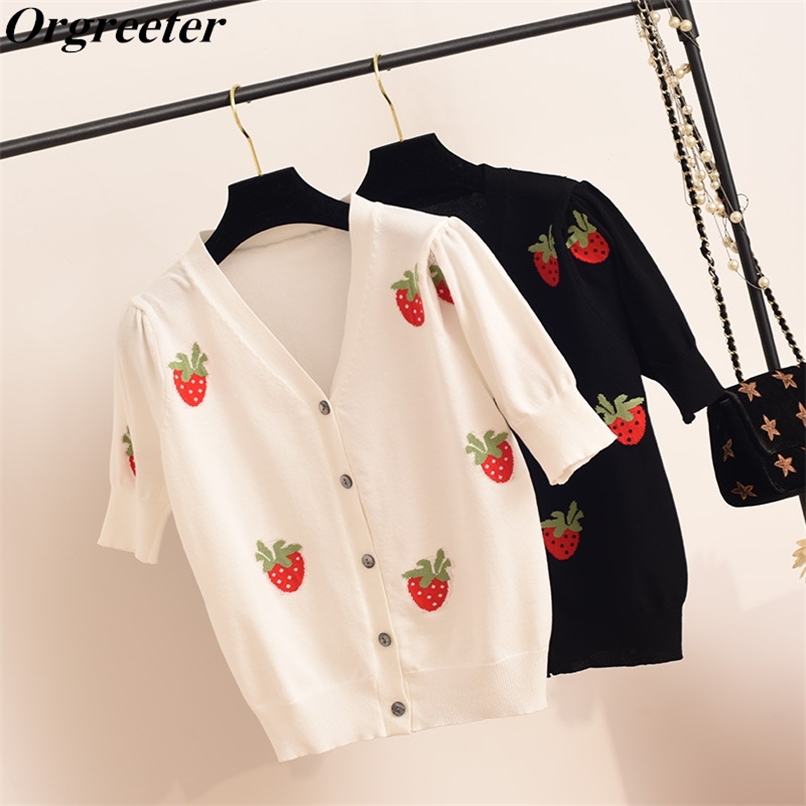

Strawberry Jacquard Thin Ice silk Single-breasted Knitted Cardigan Women's Summer Sweet V-neck Short-sleeved Knitwear Tops 210602, Black