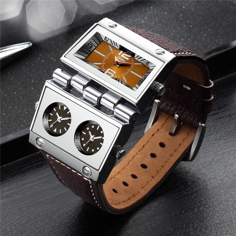 

Wristwatches OULM 9525 Big Dial Male Military Watch Three Time Zone Men's Quartz Watches Unique Leather Strap Wristwatch Drop, Brown