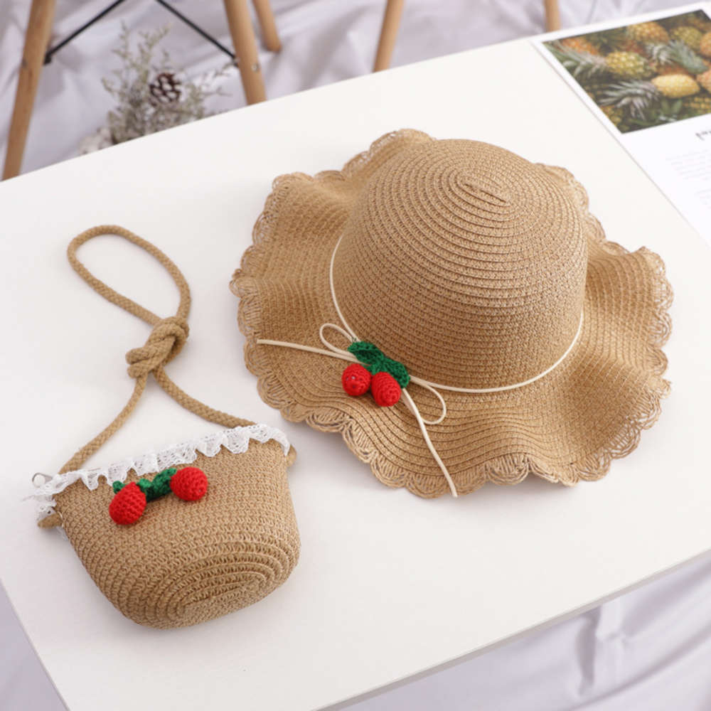 

Children's cherry lace straw Princess girl's sun Beach hat bag, Yellow