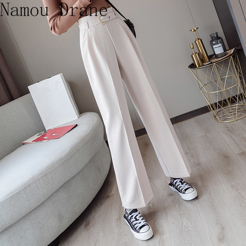 

Chic OL Style White Work Women Pant Casual Sashes Wide Leg High Waist Elegant Trousers Female pantalon femme 210429, Beige