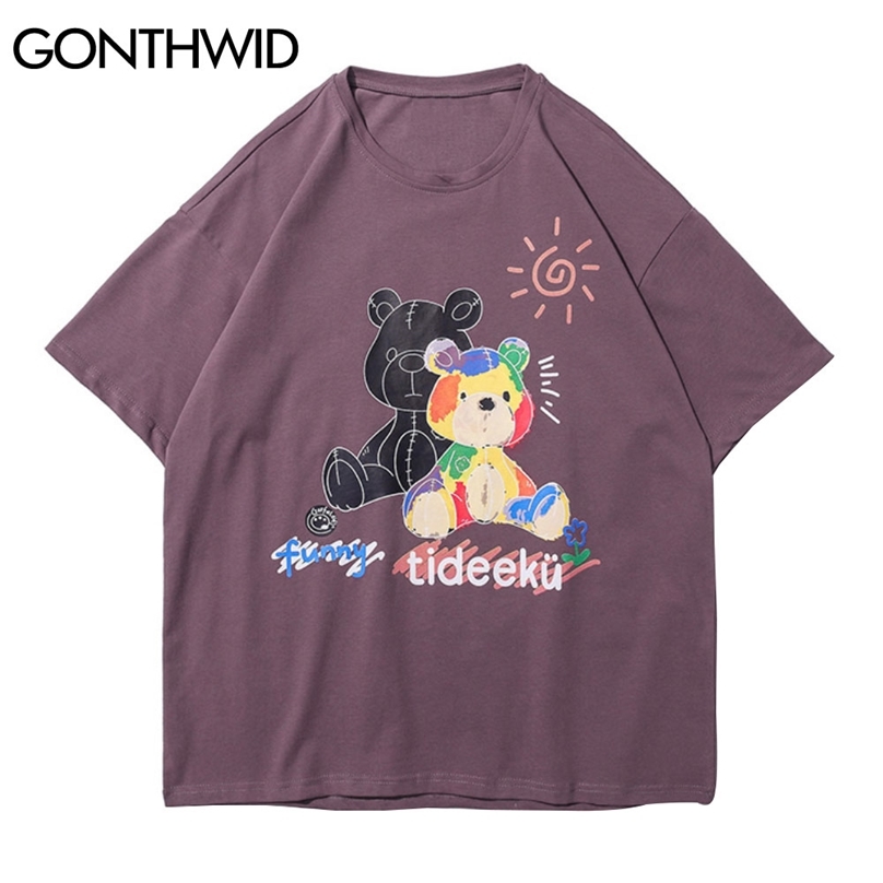 

Harajuku Tees Shirts Graffiti Cartoon Bear Print Casual Loose Tshirts Hip Hop Streetwear T-Shirts Men Short Sleeve Tops 210602, Purple