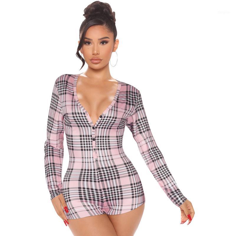 

Women' Jumpsuits & Rompers Deep V Neck Long Sleeve Grid Print Skinny Sexy Tight Club Party Lady Fashion Sheath Playsuits, Black