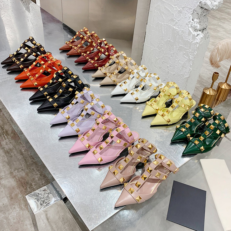 

Fashion Rivets Sandals Women Fetish Stripper Pointed Toe Mules Shoes Brand Rivet Sexy Thin Low Heel Dress Pumps original box, Black
