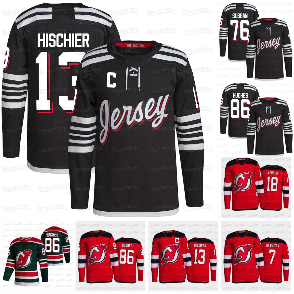

13 Nico Hischier New Jersey Devils 2022 Black Jersey Dawson Mercer Dougie Hamilton Jack Hughes Tomas Tatar P.K. Subban Mackenzie Blackwood M, Black;red