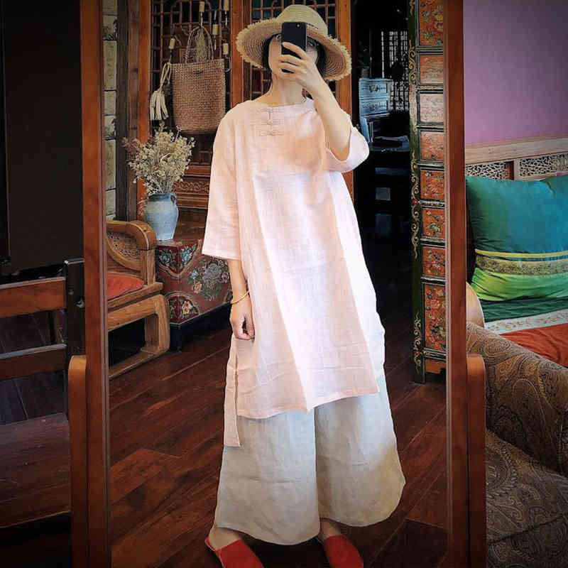 

Johnature Vintage A-line Three Quarter Sleeve Ramie Dress Autumn O-Neck Loose Casual Solid Color Linen Women Dress 210521, Light pink