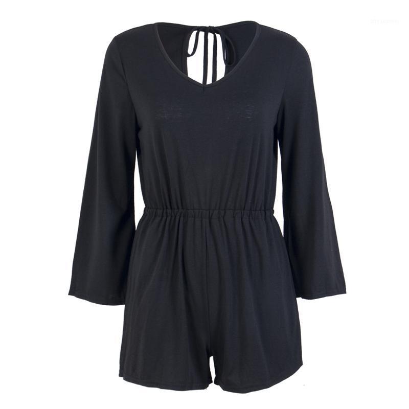 

Women' Jumpsuits & Rompers V-Neck Black And Gray Womens Playsuit 3/4 Sleeve Tied Waist Casual Slim Backless 2021 Vintage Autumn Shorts, As the picture shows