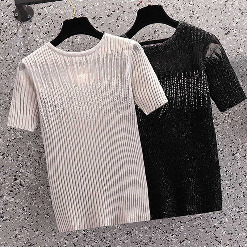 

L-4XL plus size women Summer basic thin sweater kint t-shirt short sleeve sexy hollow Beading Oversized pullover jumper 210604, Black