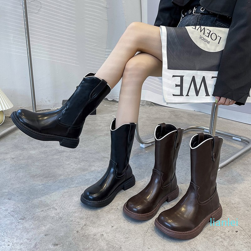 

Knight Boots Womens 2021 Autumn and Winter New European and American Fashion below the Knee Long Boots Square Heel Casual round Toe Dr. Mart, Black