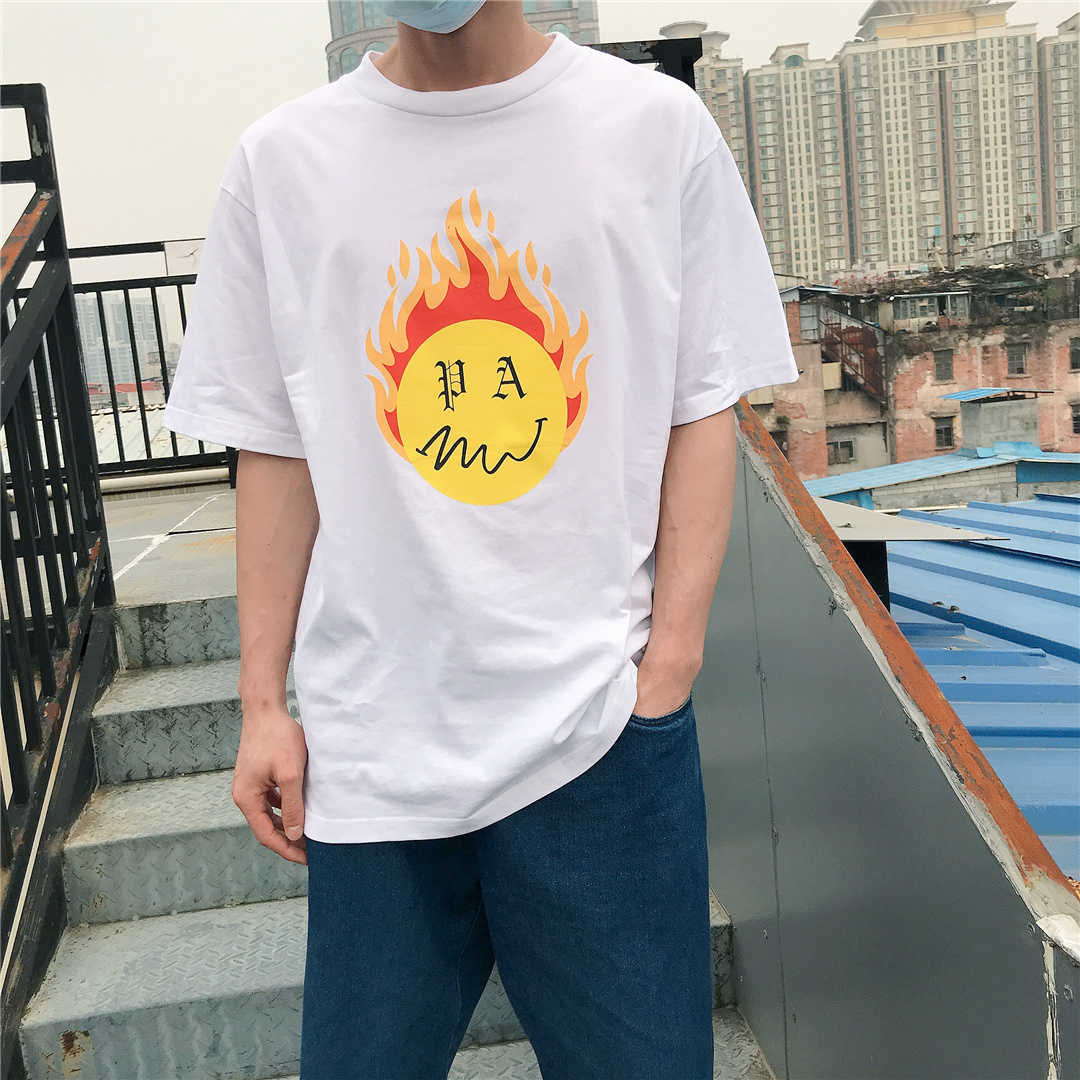 

Palm palm/angel flame smiley face letter print short sleeve 2021 angels men' and women' casual T-shirt, White