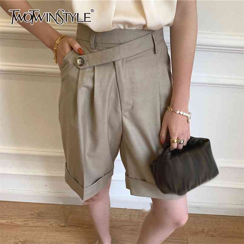 

Elegant Asymmteircal Women Knee Length Pants High Wiast Loose Half Wide Leg For Female Fashion Clothes 210521, Gray