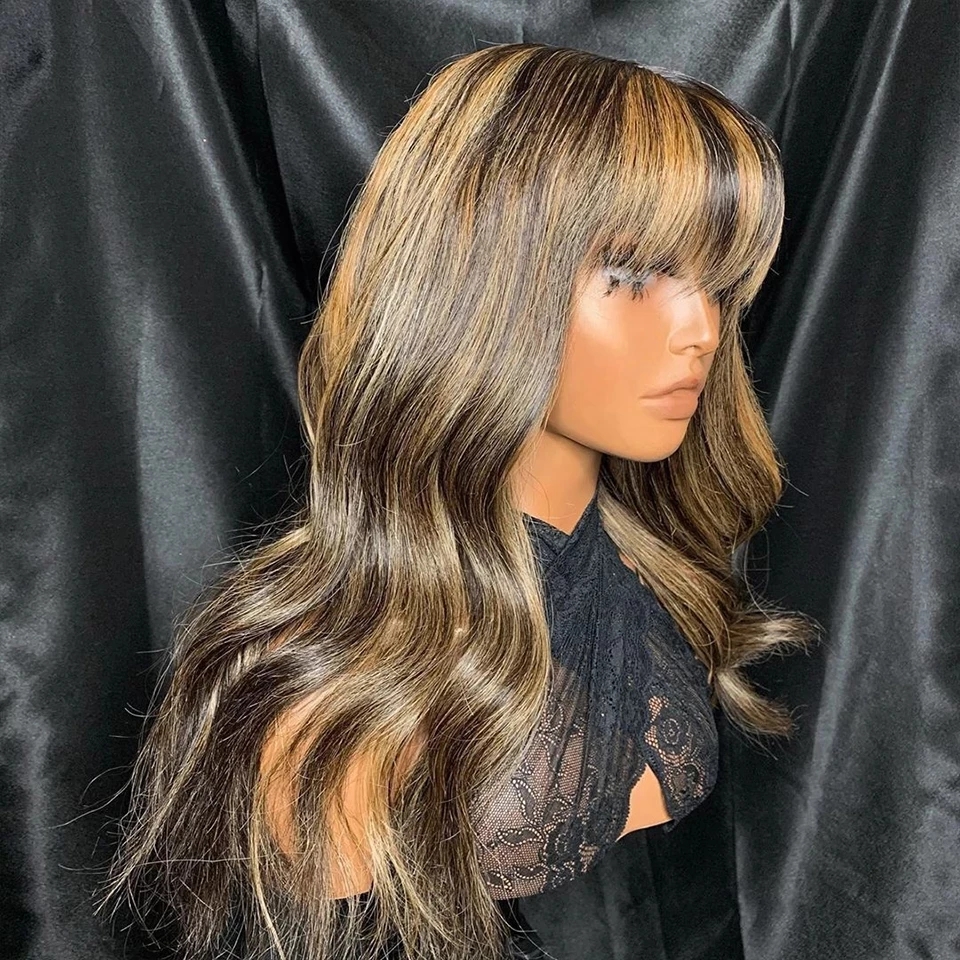 

Highlights Wave Full Lace Human Hair Wigs with Bangs natural hairline 360 Frontal Brazilian Remy Blonde 13x6 transparent Laces Front Fringe Wig, Highlights color
