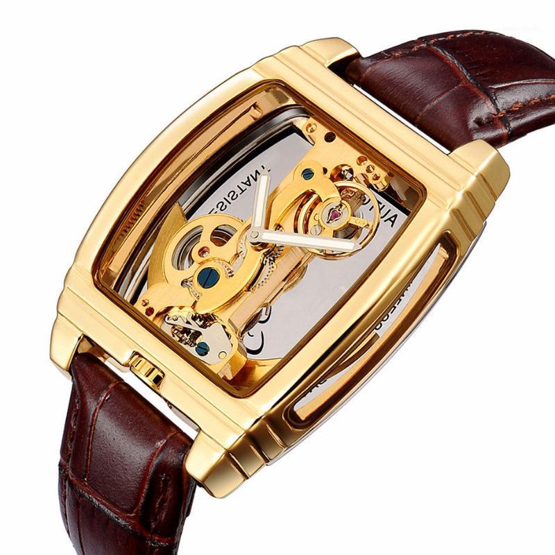 

Tourbillon Automatic Watch Golden Wristwatches Men Transparent Skeleton Mechanical Watches Fashion Sports Military, Brown