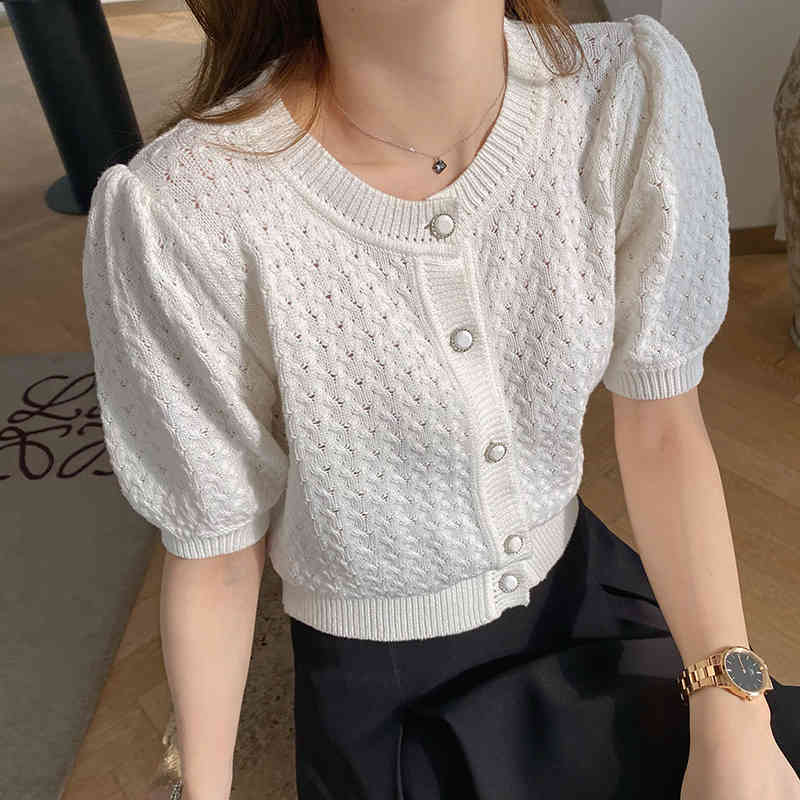 

Fashion short women's top knit sweater all-match solid color five-point sleeve cardigan Slim fit 210520, Ivory